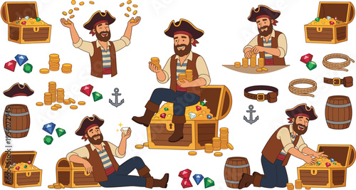 Cartoon Pirate Character Collection with Treasure Chest Gold Coins Gems Anchor Barrel and Nautical Adventure Elements for Game Design Illustration Set