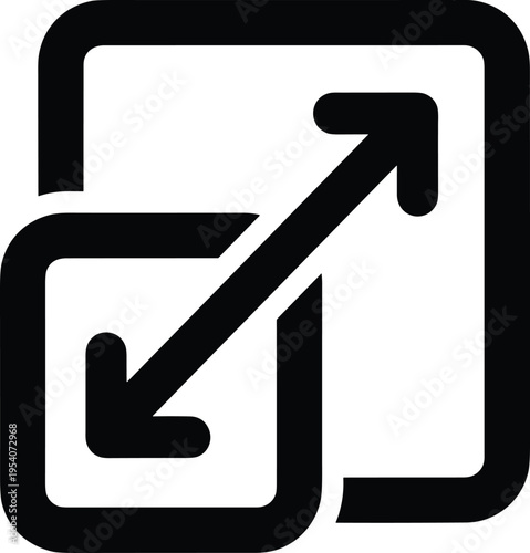 Scalable resize icon, expand and minimize screen symbol, diagonal double arrow with square frames, flexible interface adjustment vector element