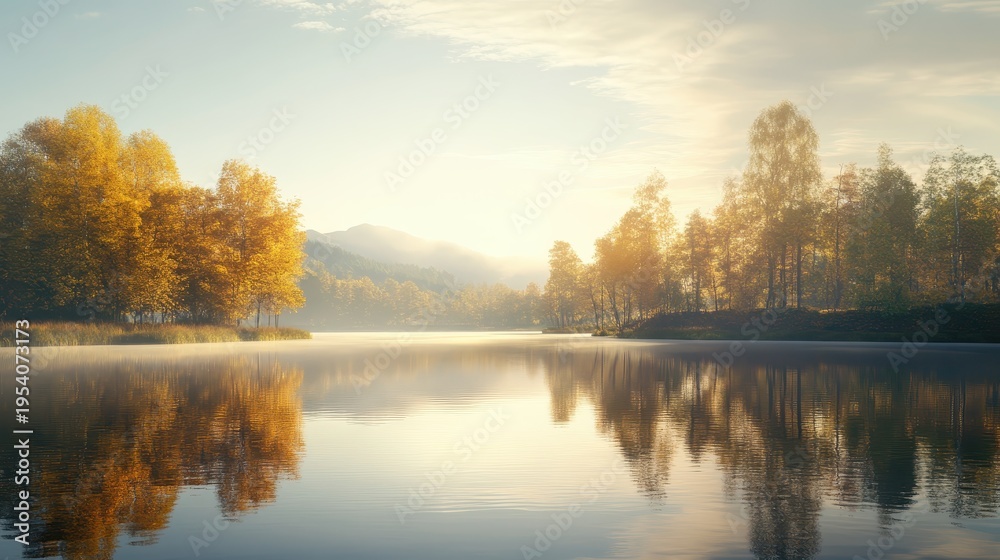 Obraz premium Tranquil Autumn Lake with Vibrant Yellow Trees Reflecting in Calm Water Under a Hazy Sunlight