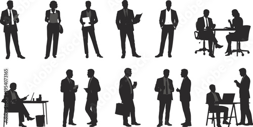Black business people silhouettes set featuring corporate professionals working talking and meeting in office environment isolated on white background vector