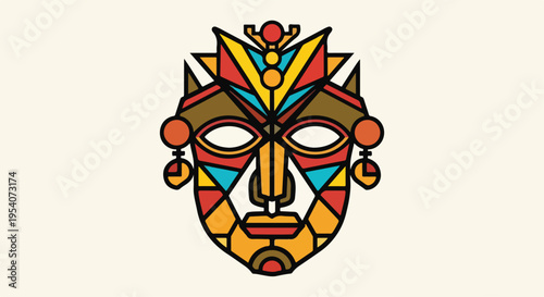 Vibrant abstract tribal mask with colorful geometric patterns on a neutral background, conveying a sense of cultural artistry and mystique