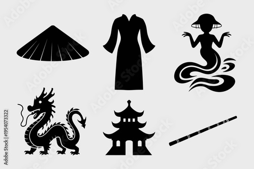 Set of black silhouettes representing traditional east asian cultural symbols and mythical creatures isolated on white background, Vector, illustration