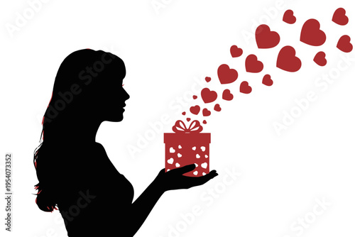 A silhouette of a young woman holding a gift box with many red hearts floating out of the present isolated on white background, Vector, illustration