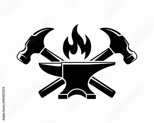 Black and white metalworking emblem featuring a heavy anvil crossed with two hammers and a flame isolated on white background, Vector, illustration