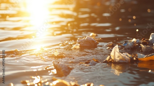 Sunlight Reflects on Urban Waterways Polluted with Floating Plastic Trash and Debris