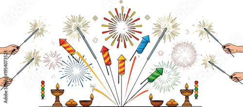 Festive diwali celebration illustration with hands holding sparklers and colorful firework rockets