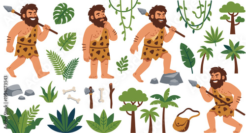Cartoon Caveman Character Collection with Jungle Plants Trees Stone Tools Bones and Prehistoric Nature Elements for Survival Game Illustration Design Set