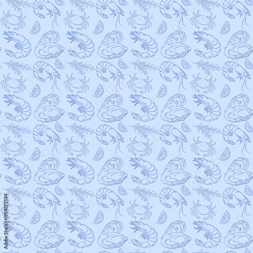 Seamless Sea food. Mediterranean modern hand drawn sketch style pattern. Mediterranean cuisine