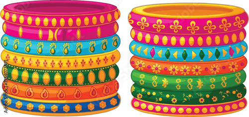 A vibrant digital illustration featuring two stacks of colorful indian bangles with ornate patterns