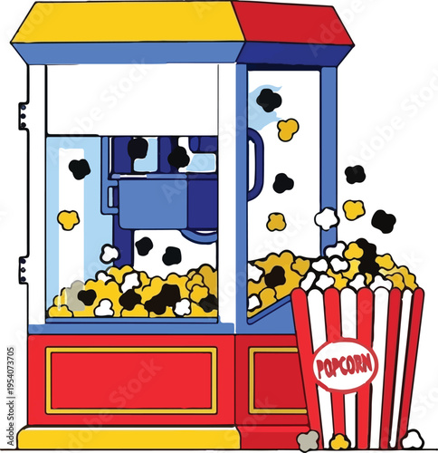 A vibrant digital illustration of a retro popcorn machine with a striped bucket of fresh popcorn