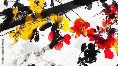 Vibrant Abstract Ink Artistry Showcasing Bold Brushstrokes and Splattered Colors on a White Canvas
