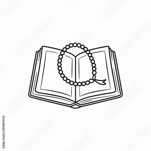 An open holy book of quran with a set of prayer beads resting on top in a simple line art style isolated on white background, Vector, illustration