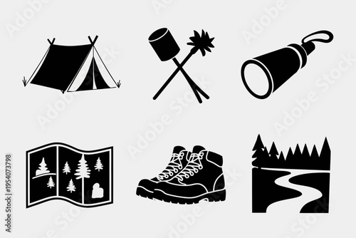A collection of black silhouette icons representing essential outdoor camping and hiking gear items isolated on white background, Vector, illustration