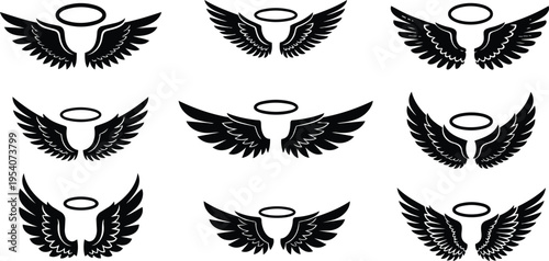 Detailed Angel Wing and Halo Silhouette Graphic Elements