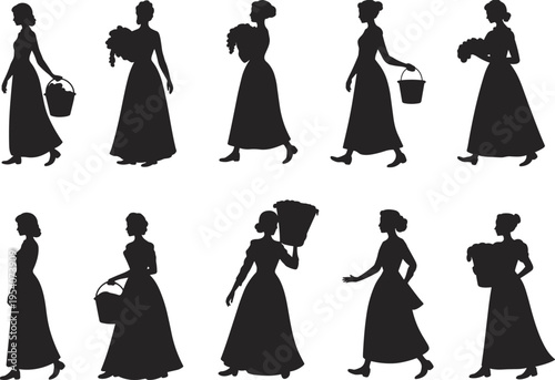 Black silhouettes of vintage peasant women carrying baskets and buckets set of historical female farm workers isolated on white background