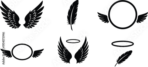Angel Wings, Halo, and Feather Silhouette Design Elements