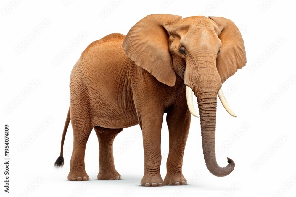 Obraz premium African elephant standing full length with large tusks and trunk on white