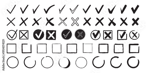 Hand drawn check marks crosses circles and boxes set, sketch style validation icons collection for design, forms, and user interfaces.