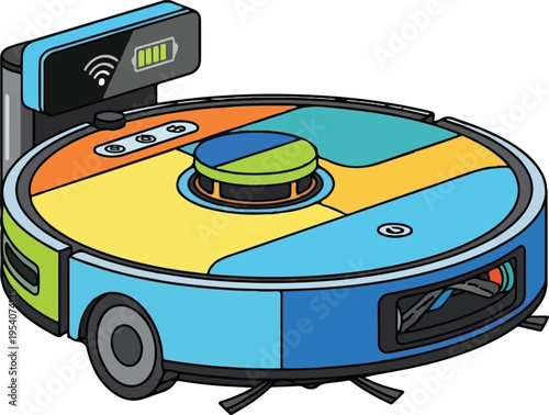 A colorful cartoon robotic vacuum cleaner connected to its wall charging dock station with wifi