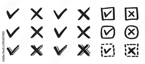 Hand drawn check marks crosses circles and boxes set, sketch style validation icons collection for design, forms, and user interfaces.