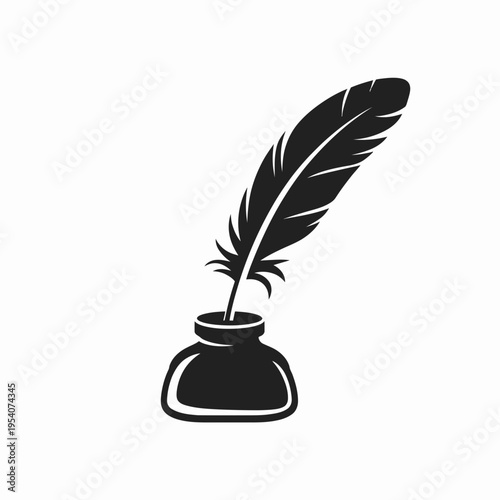 A classic black silhouette illustration of a vintage quill pen resting inside a heavy inkwell isolated on white background, Vector, illustration