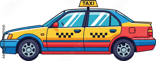 A colorful cartoon style illustration of a yellow and red taxi cab car isolated on white background