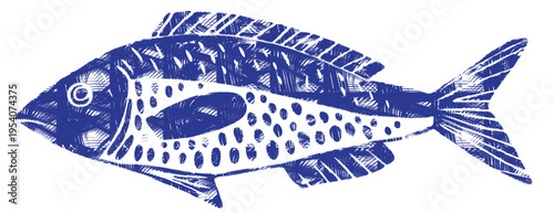 Blue cobalt linocut fish vector illustration: vintage woodcut marine animal icon for nautical sea ocean design. Single hand drawn ink stamp mackerel with spotted pattern, motif and crosshatch texture