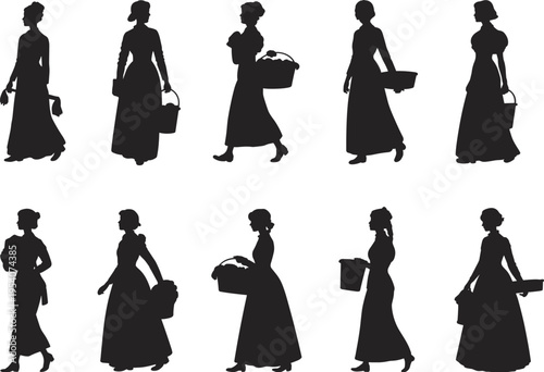 Set of black silhouettes featuring vintage Victorian peasant women carrying baskets and buckets for historical rural village life vector design isolated