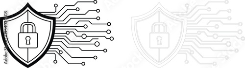 Cyber Security Shield with Lock Digital Data Protection Network Technology Vector Illustration Black and Outline Isolated