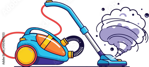 A vibrant blue vacuum cleaner creating a powerful swirling tornado of dust on a white background