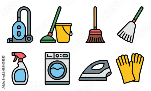 Flat lay cleaning supplies set with vacuum, mop, detergent, iron, gloves, and washing machine icons on white background