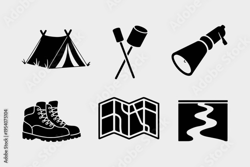 A collection of black silhouette icons representing various essential camping and hiking equipment isolated on white background, Vector, illustration