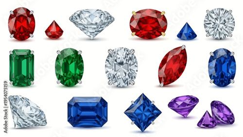 Various precious gemstones in different colors and shapes
