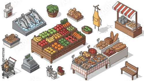 Colorful illustration of a bustling marketplace with fresh produce