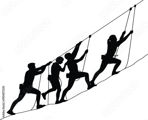Silhouette of a diverse team of people climbing a steep rope together for outdoor teamwork and success on white background