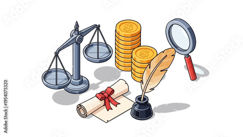 Cartoon illustration of law and finance symbols together daily
