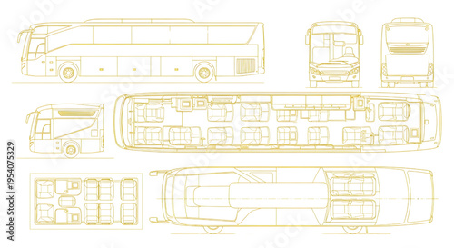 Luxury Bus Blueprint Vector – Public Transport Vehicle Interior Seating Layout Multiview Yellow Outline