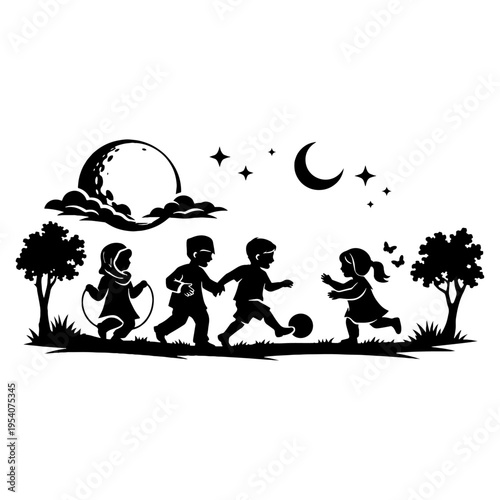 Vibrant silhouette of children joyfully playing and celebrating together under a crescent moon and stars, embodying communal spirit and carefree outdoor fun at night