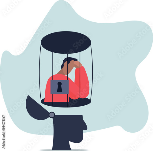 Struggle prison mind, fixed mindset trapped inside psychology, stressed anxiety or overworked, slavery, despair prisoner or depression.human life and situation.