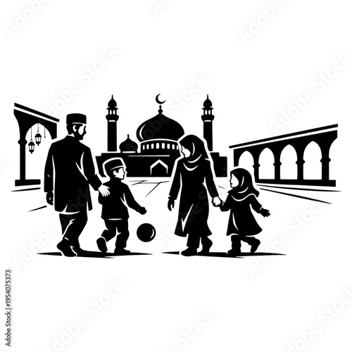 A Muslim Family Enjoys Quality Time Together with their Children near a Mosque, Celebrating Community and Faith