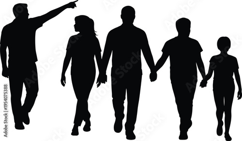 Silhouette of a family walking together with a father pointing forward representing guidance exploration leadership future goals and strong unity