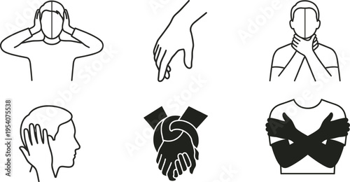 Black and white vector illustration set featuring human gestures, including covering ears, hands around neck, crossed arms, and touching head for body language concepts.
