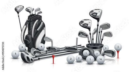 Golf clubs and balls with a black golf bag