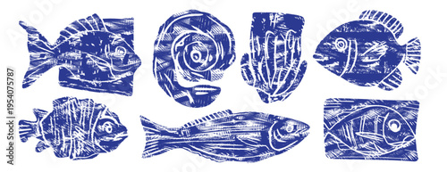 Blue indigo linocut fish vector set: rustic woodcut marine animal illustrations with sardine and sea life. Hand drawn ink hatching and crosshatch style for nautical menu, coastal craft and logo design