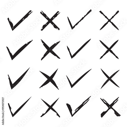 Hand drawn check marks crosses circles and boxes set, sketch style validation icons collection for design, forms, and user interfaces.