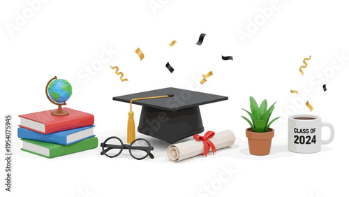 Graduation items include books globe and cap celebration