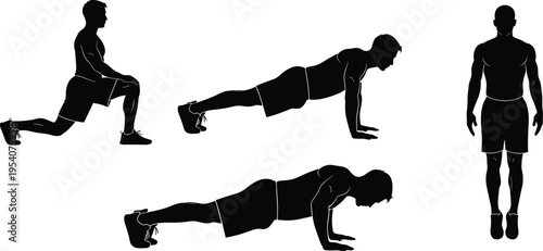 Fitness Man Silhouette Set Featuring Athletic Male Doing Pushups Lunges and Bodyweight Exercises for Gym Workout Health Wellness Training and Sport Concepts Vector Illustration