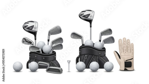 Golf clubs and accessories on a white background