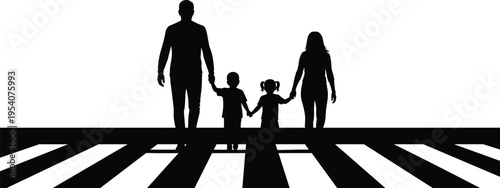 Happy Family Silhouette Crossing Pedestrian Zebra Walkway Featuring Parents Holding Hands with Children for Road Safety Urban Traffic and Outdoor Commuting Concepts Vector Illustration
