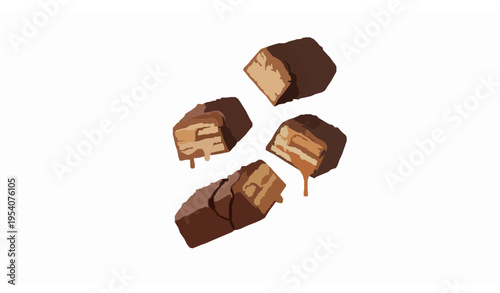Floating cracked chocolate caramel wafer bar pieces isolated on white background 3D dessert illustration